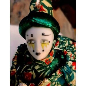 Vintage Musical Porcelain Harlequin Clown Doll Green Floral Jester Pierrot VIDEO